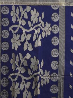 Blue silk cotton jamdani saree with woven designs 4
