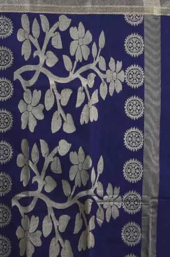 Blue silk cotton jamdani saree with woven designs