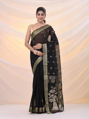 Black silk cotton jamdani saree with woven designs 1