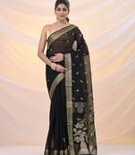 Black silk cotton jamdani saree with woven designs