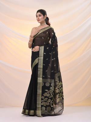 Black silk cotton jamdani saree with woven designs 2