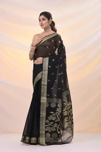 Black silk cotton jamdani saree with woven designs