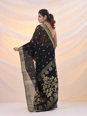 Black silk cotton jamdani saree with woven designs 3