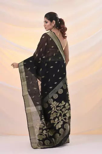 Black silk cotton jamdani saree with woven designs