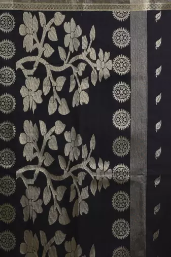 Black silk cotton jamdani saree with woven designs