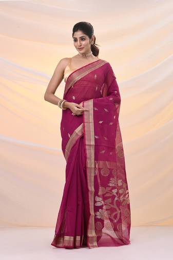 Pink silk cotton jamdani saree with woven designs