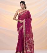 Pink silk cotton jamdani saree with woven designs