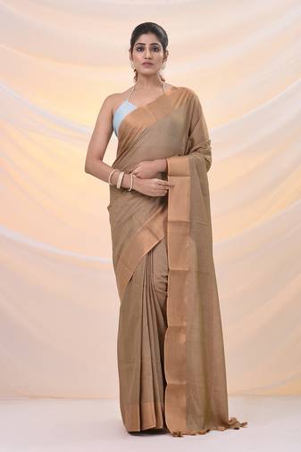 Beige silk blend soft saree with zari borders