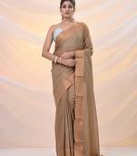 Beige silk blend soft saree with zari borders