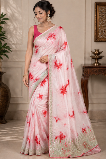 Pink Marble Dye Saree With Gota patti Work and Blouse