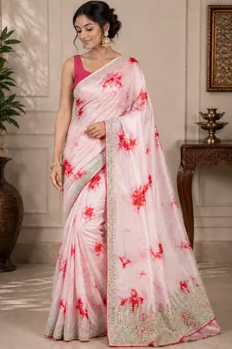 Pink Marble Dye Saree With Gota patti Work and Blouse