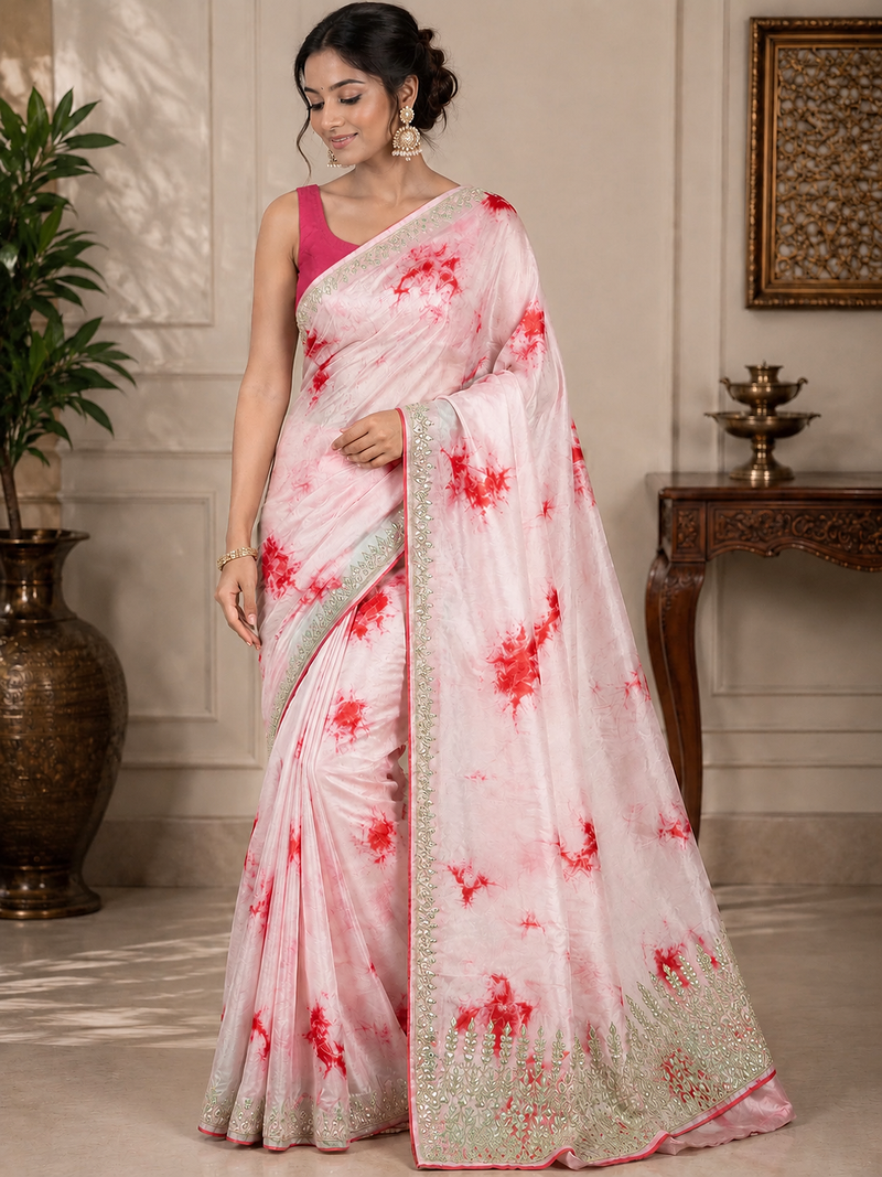 Pink Marble Dye Saree With Gota patti Work and Blouse