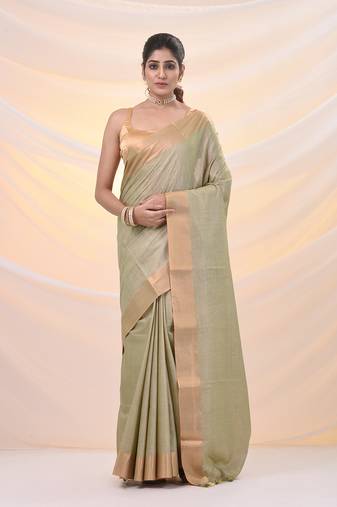 Beige silk blend soft saree with zari borders
