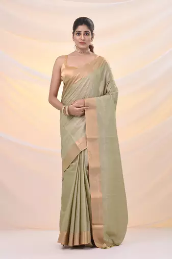 Beige silk blend soft saree with zari borders