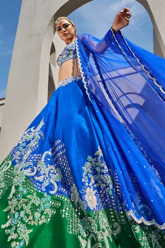 Green Silk Embroidered Lehenga With Blouse And Dupatta