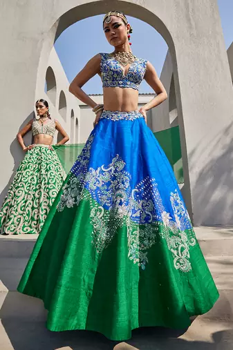 Green Silk Embroidered Lehenga With Blouse And Dupatta