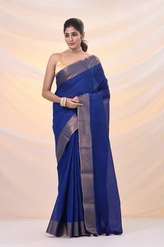Blue silk blend soft saree with zari borders