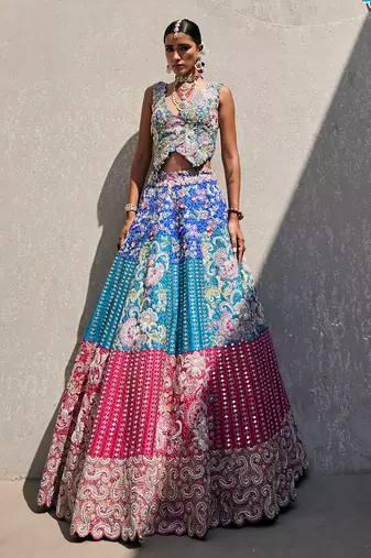Multicolor Silk Embroidered Lehenga With Blouse And Dupatta