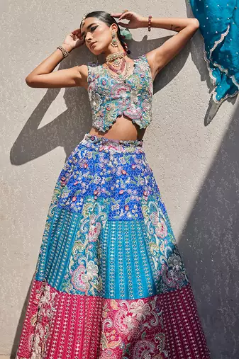 Multicolor Silk Embroidered Lehenga With Blouse And Dupatta