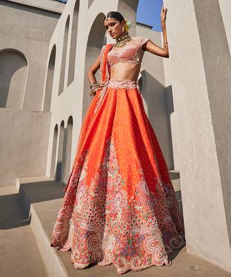 Orange Silk Embroidered Lehenga With Blouse And Dupatta 2