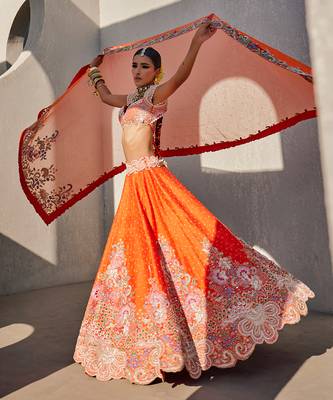 Orange Silk Embroidered Lehenga With Blouse And Dupatta 1
