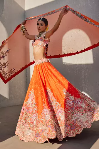 Orange Silk Embroidered Lehenga With Blouse And Dupatta