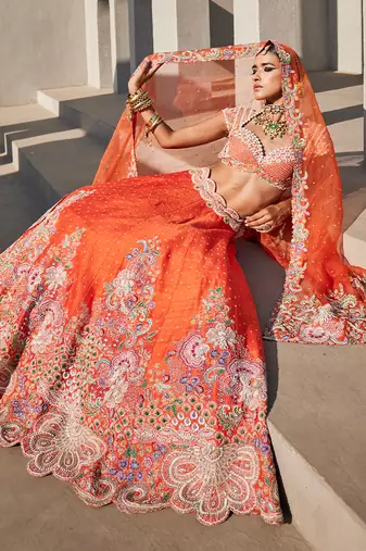 Orange Silk Embroidered Lehenga With Blouse And Dupatta