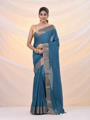 Teal silk blend soft saree with zari borders 1