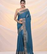 Teal silk blend soft saree with zari borders