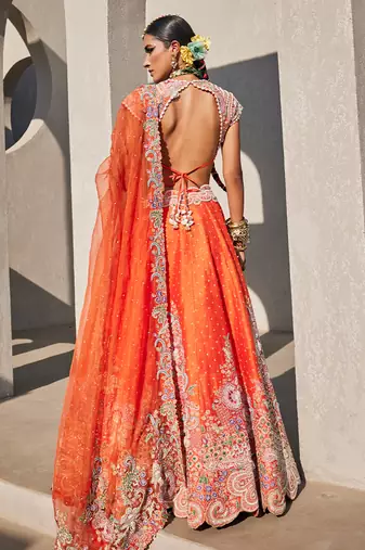Orange Silk Embroidered Lehenga With Blouse And Dupatta
