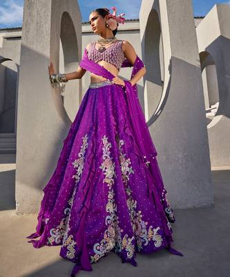 Purple Satin Embroidered Lehenga With Blouse And Dupatta 1