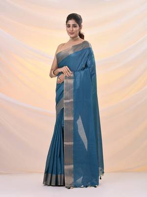 Teal silk blend soft saree with zari borders 2