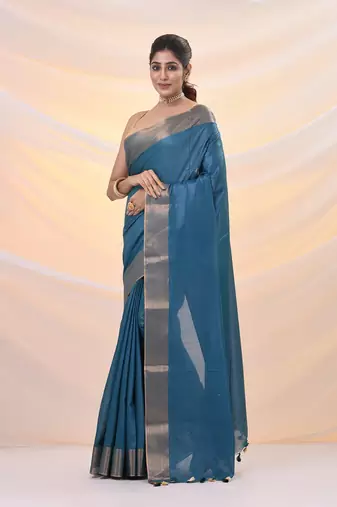 Teal silk blend soft saree with zari borders