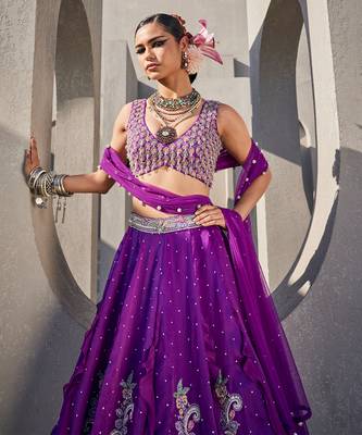 Purple Satin Embroidered Lehenga With Blouse And Dupatta 2