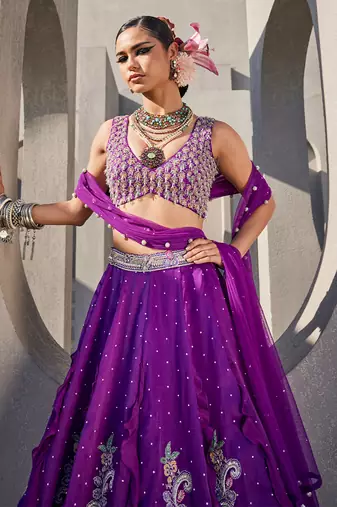 Purple Satin Embroidered Lehenga With Blouse And Dupatta