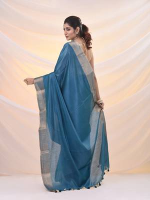 Teal silk blend soft saree with zari borders 3
