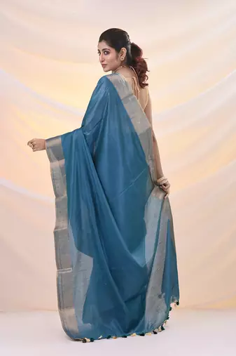 Teal silk blend soft saree with zari borders