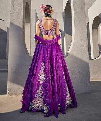 Purple Satin Embroidered Lehenga With Blouse And Dupatta 4