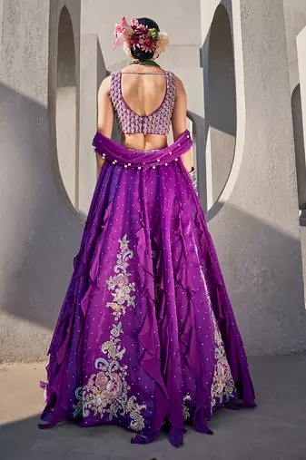 Purple Satin Embroidered Lehenga With Blouse And Dupatta