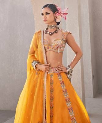 Yellow Satin Embroidered Lehenga With Blouse And Dupatta 1