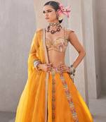 Yellow Satin Embroidered Lehenga With Blouse And Dupatta