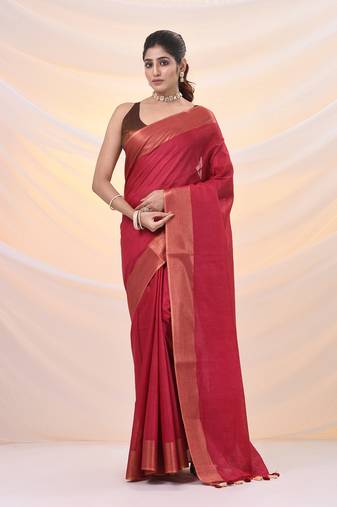 Magenta silk blend soft saree with zari borders