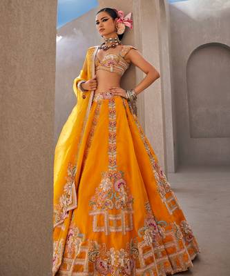 Yellow Satin Embroidered Lehenga With Blouse And Dupatta 2
