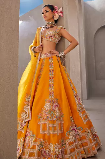 Yellow Satin Embroidered Lehenga With Blouse And Dupatta