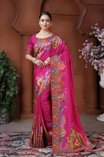 Rani pink weaving dola silk blend saree