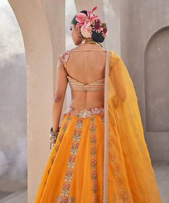 Yellow Satin Embroidered Lehenga With Blouse And Dupatta 3