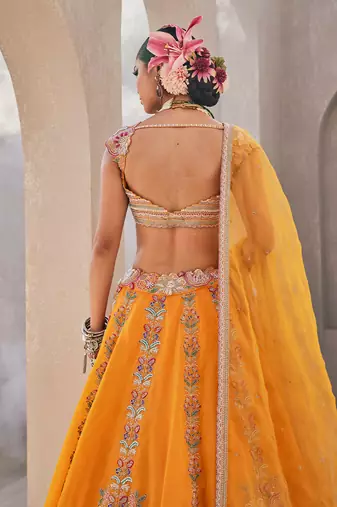 Yellow Satin Embroidered Lehenga With Blouse And Dupatta