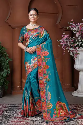 Teal blue weaving dola silk blend saree