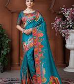 Teal blue weaving dola silk blend saree