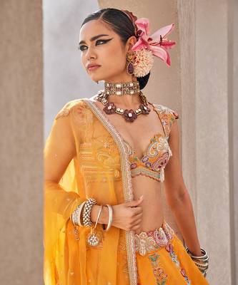 Yellow Satin Embroidered Lehenga With Blouse And Dupatta 4